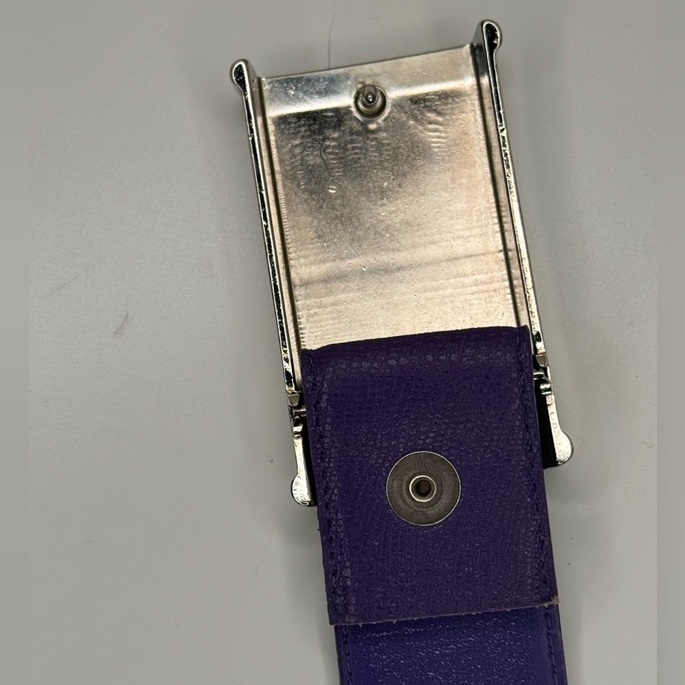 Vintage 80s Purple Leather Waist Belt Quilted Silver Buckle Statement Cinch Belt - Picture 6 of 9